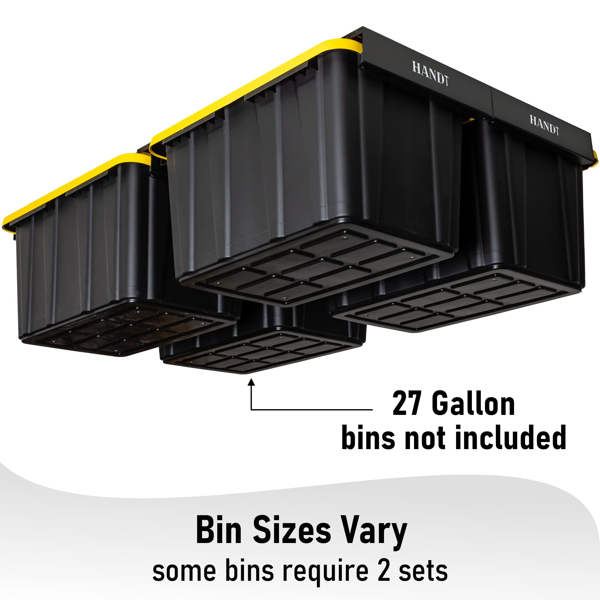 Heavy Duty Overhead Garage Storage Rack System - 4 Pack Black Metal Ceiling Shelving for 27 Gallon Tote Bins | Garage Organization, Attic Storage & Closet Space Saving Solution