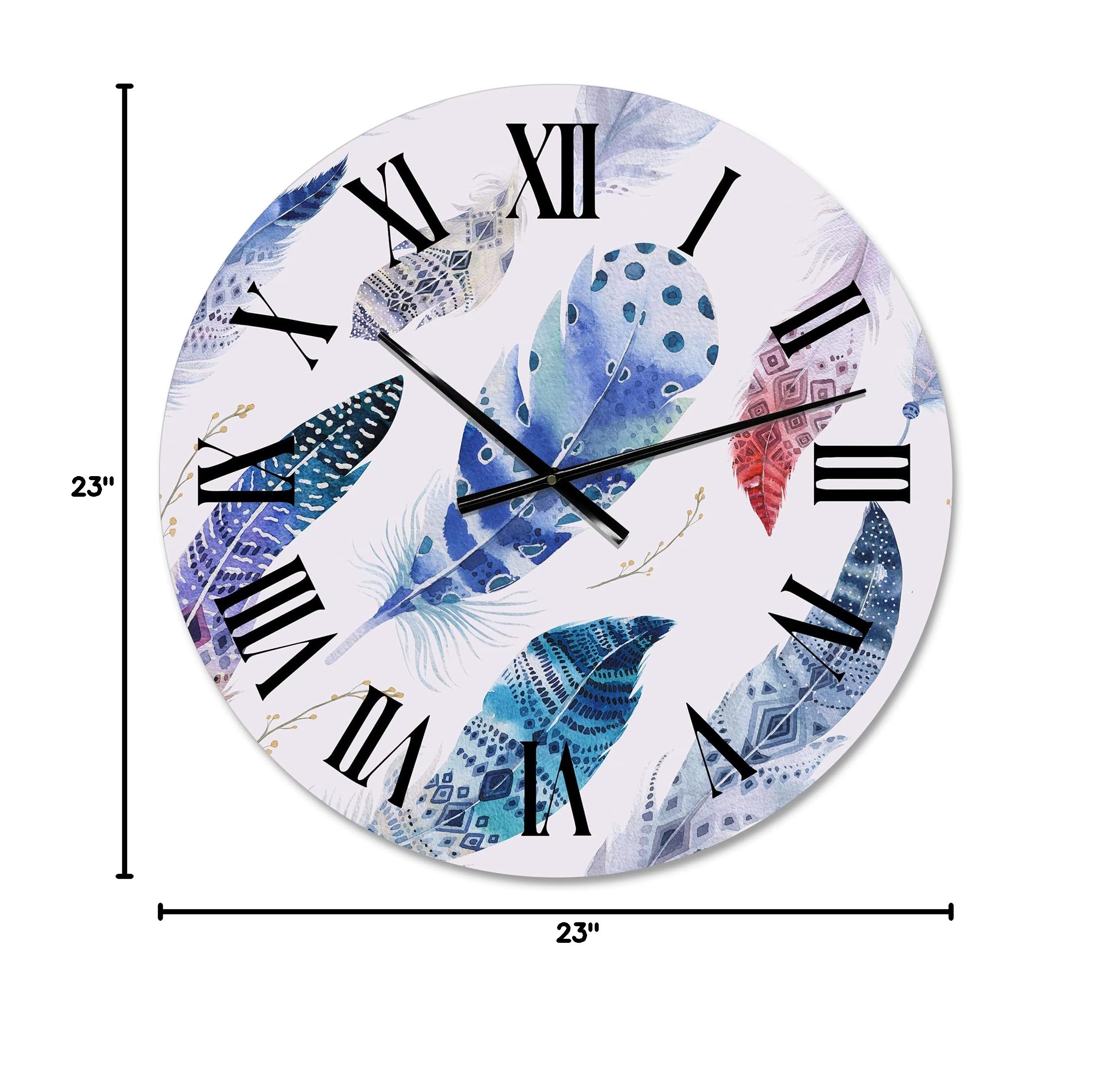 Bohemian Wall Clock with Elegant Blue Boho Feathers - Large Decorative Kitchen Clock for Home, Office & Living Room Decor | Unique Animal-Themed Wall Art for Boho Chic Interiors
