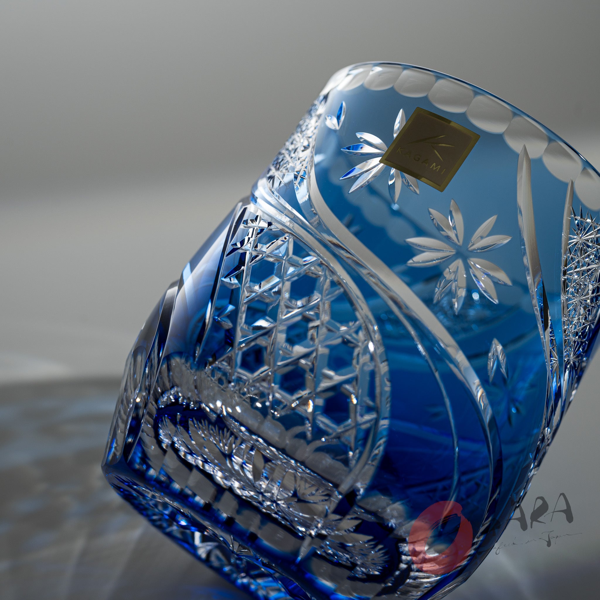 KAGAMI Crystal Edo Kiriko Rock Glass - Handcrafted Japanese Cut Glass Whiskey Tumbler with Floating Cherry Blossoms Design - Elegant Blue Drinking Glass for Cocktails, Whiskey & Home Bar Decor