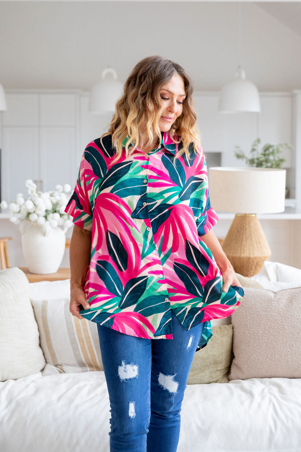 Tammin Shirt in Jungle Pink - Women's Casual Blouse for Summer & Spring | Perfect for Office, Date Night & Outdoor Activities
