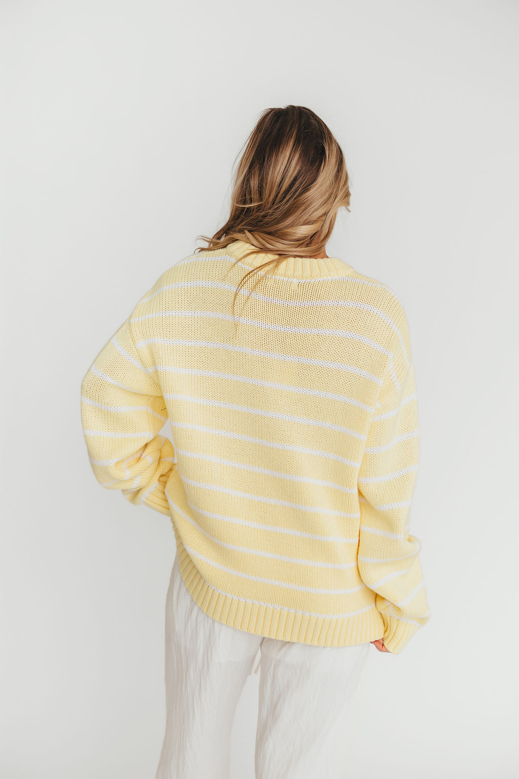 Bayside Sweater Women's Banana Stripe Knit Pullover - Soft Casual Long Sleeve Crewneck Sweater for Fall & Winter - Perfect for Coffee Dates, Office Wear and Weekend Outings