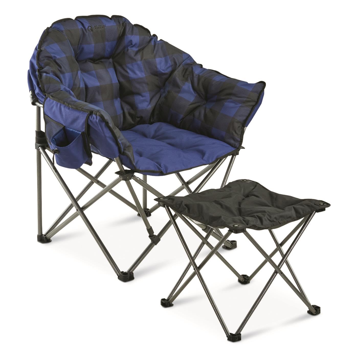 Guide Gear Oversized Camping Chair - Portable Folding Chair with Padded Seat, 500 lb Capacity, Blue Plaid - Perfect for Outdoor Camping, Picnics, Beach, and Backyard Relaxation