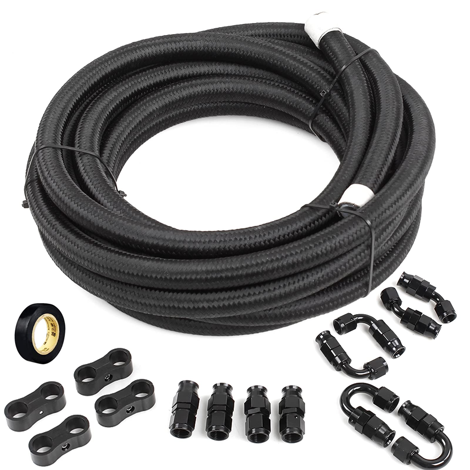 MUGE RACING 20FT PTFE 8AN Nylon Braided Fuel Line Kit - 3/8in High Performance Fuel Hose with AN Fittings & Clamps - Compatible with E85 Ethanol - Perfect for Racing, Automotive & Marine Fuel Systems