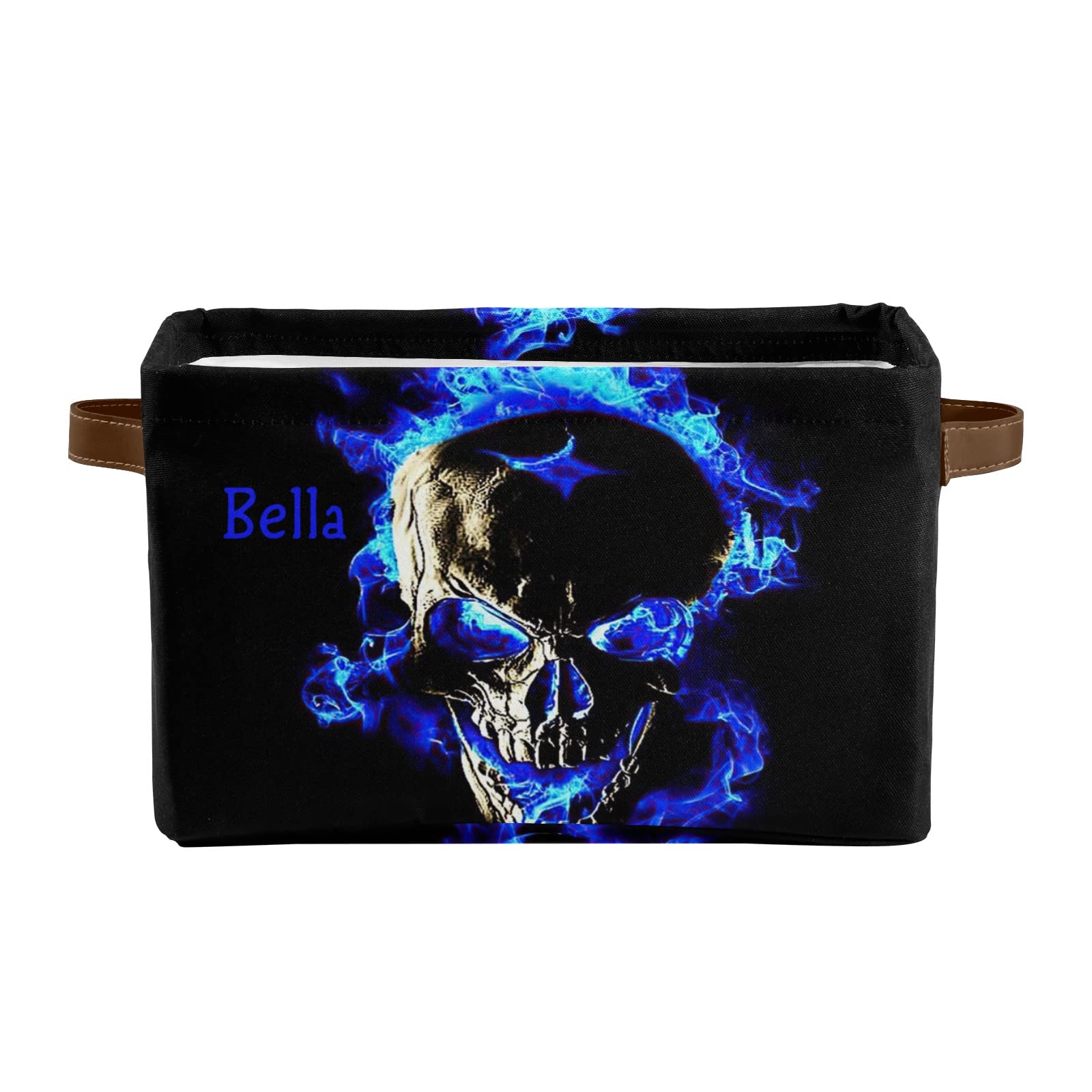 Personalized Blue Skull Fire Storage Basket with Custom Name - 4 Pack Rectangular Storage Bins for Home, Kitchen, Office & Dorm Organization - Perfect for Toys, Blankets, Laundry & Pet Supplies