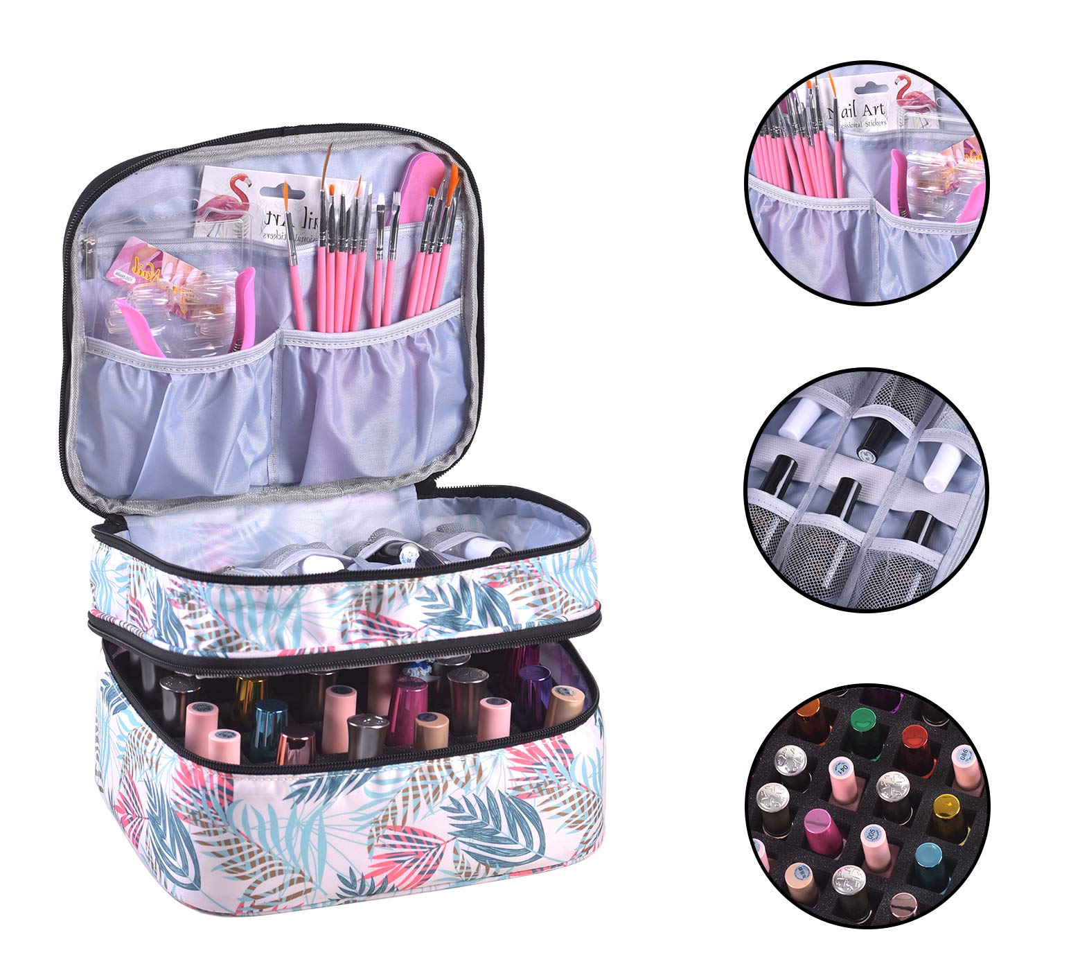 30 Bottles Double Layer Nail Polish Organizer Case with Handle - Portable Nail Varnish Storage Bag for Salon & Travel - Perfect for Nail Technicians & DIY Manicures at Home (Leaf Design)
