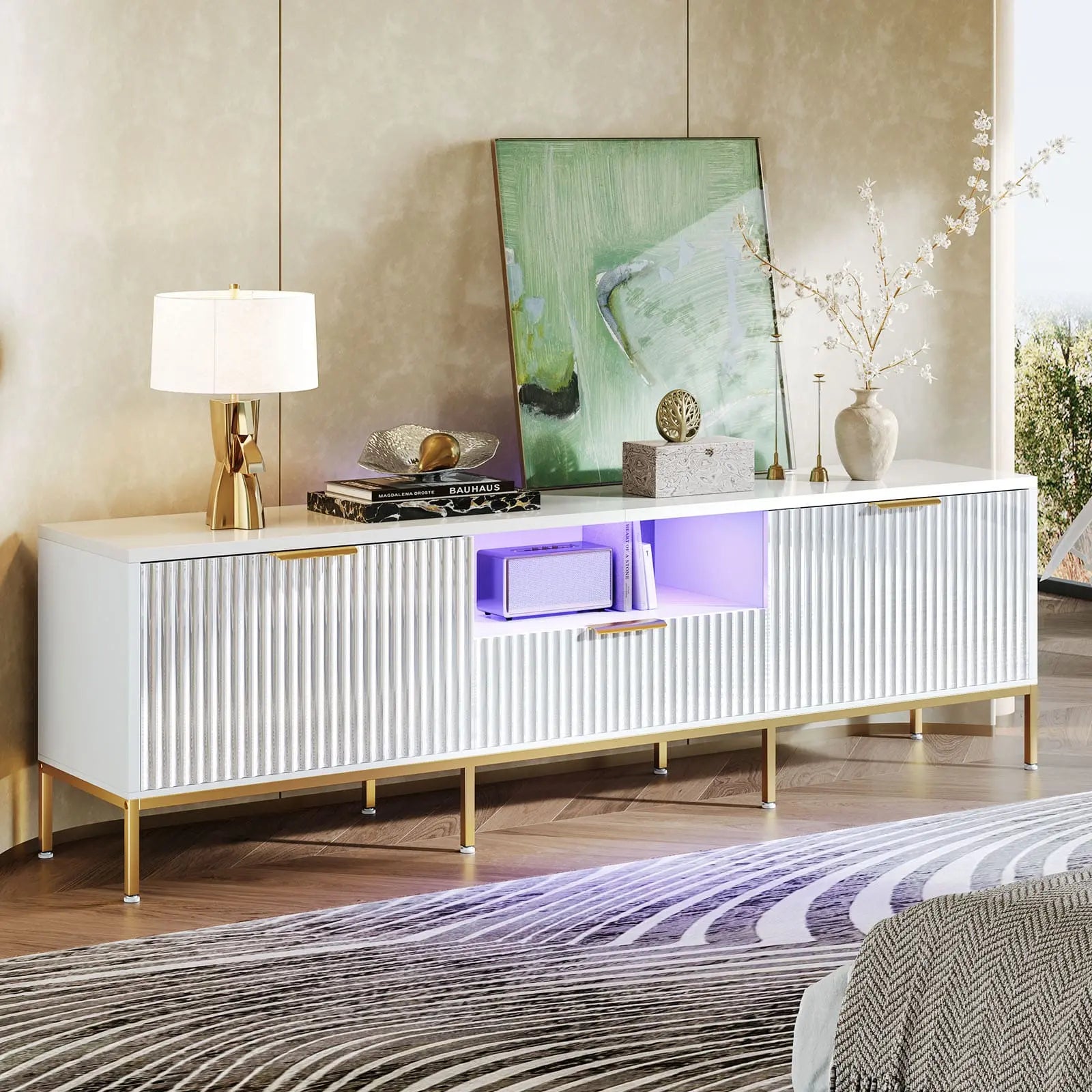 Bestier 70 Inch Modern TV Stand with Fluted Design for 80 Inch Flat Screen TVs - Perfect for Living Room, Bedroom & Home Theater Entertainment Centers