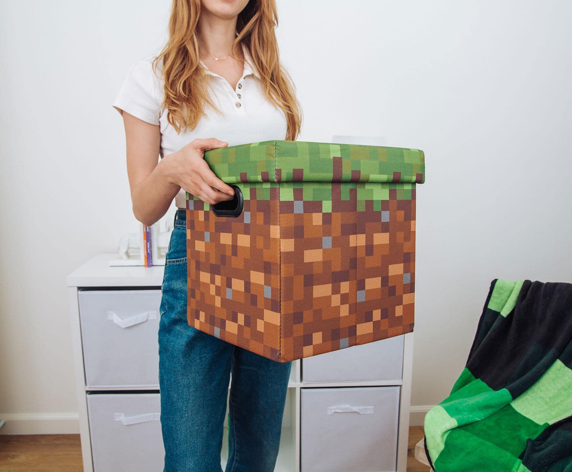 Minecraft Grassy Block 13-Inch Storage Bin with Lid - Foldable Fabric Cube Organizer with Handles for Shelves & Closet | Home Decor & Video Game Gifts for Kids' Rooms, Game Themed Bedroom Storage