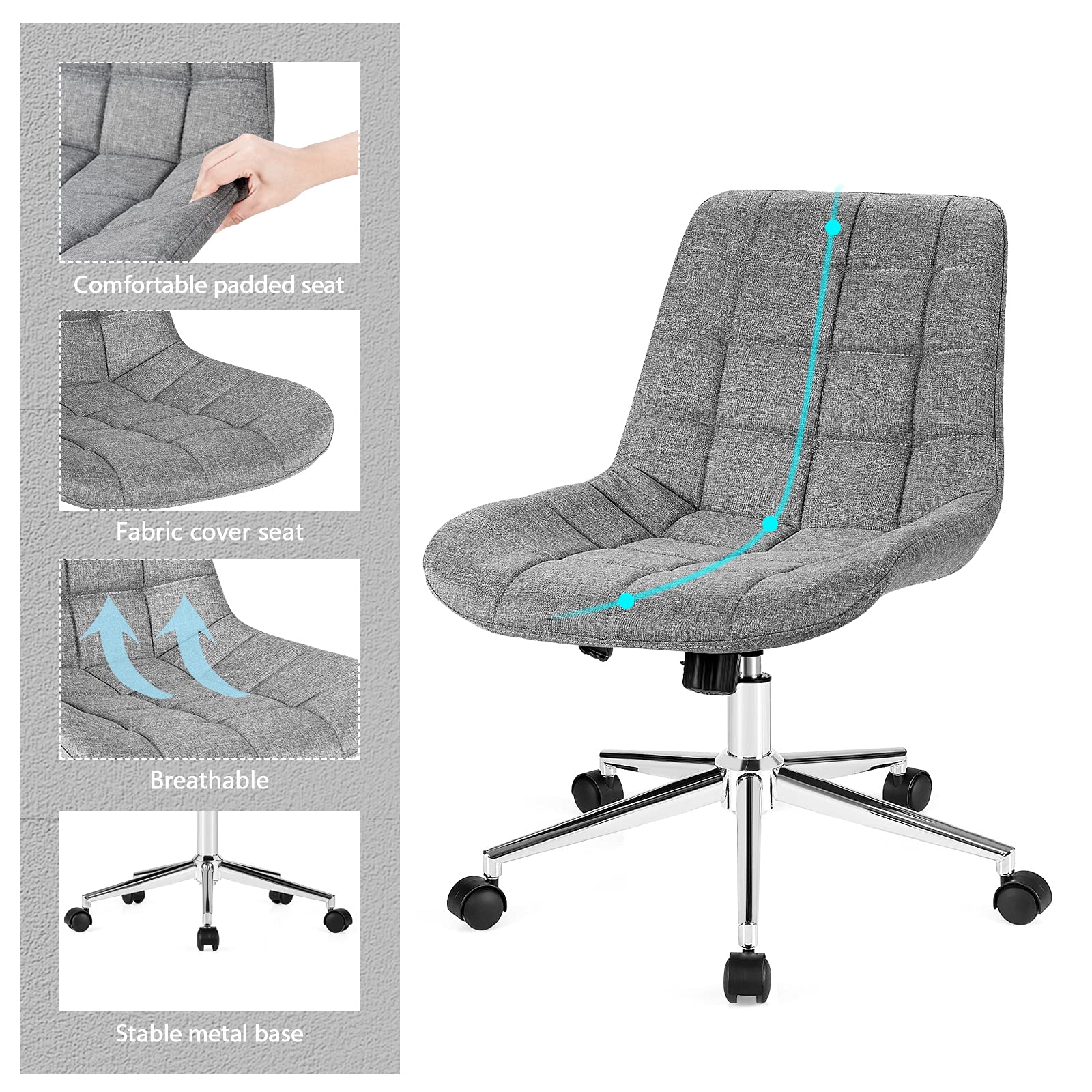 POWERSTONE Armless Office Chair - Ergonomic Mid Back Task Chair with Adjustable Height & Swivel Wheels | Perfect for Home Office, Computer Desk & Workspace