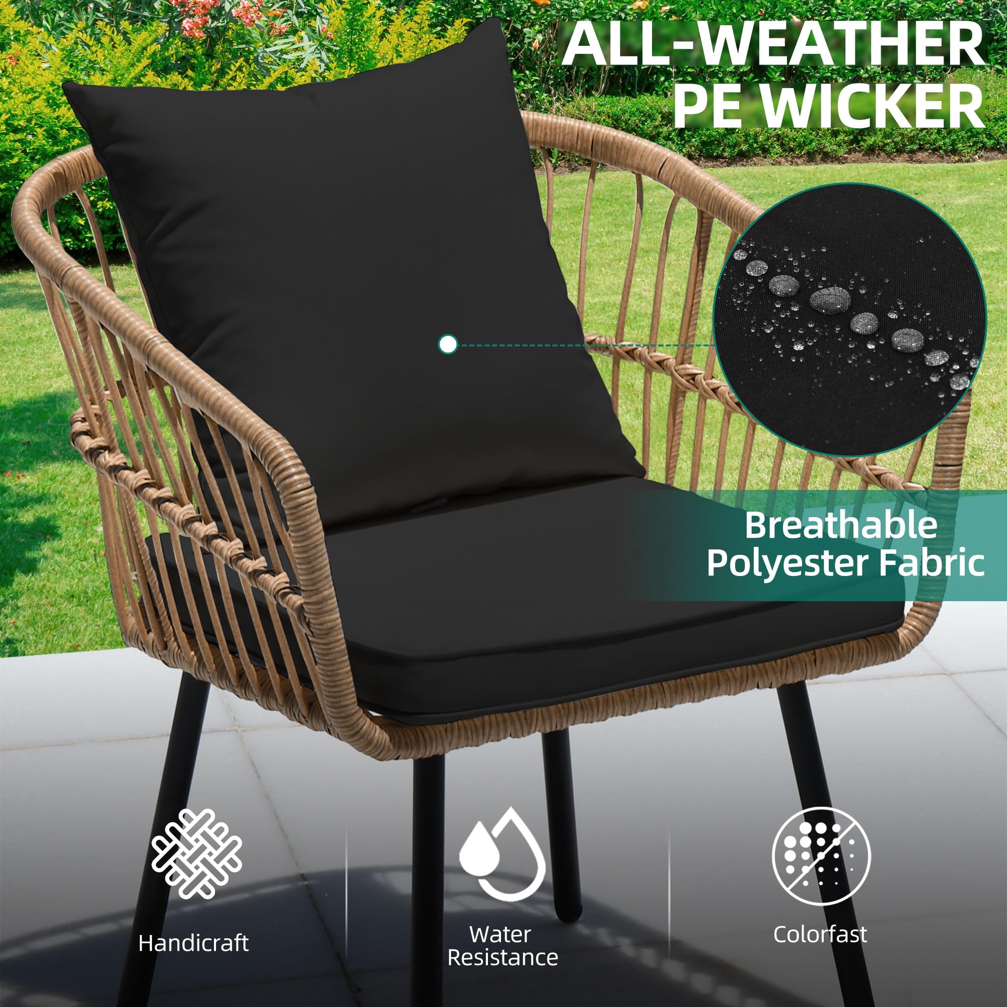 YITAHOME 5-Piece All-Weather Outdoor Wicker Furniture Set - Patio Bistro Set with Footrest, Coffee Table & Ottomans, Black - Perfect for Small Balcony, Garden or Backyard Relaxation