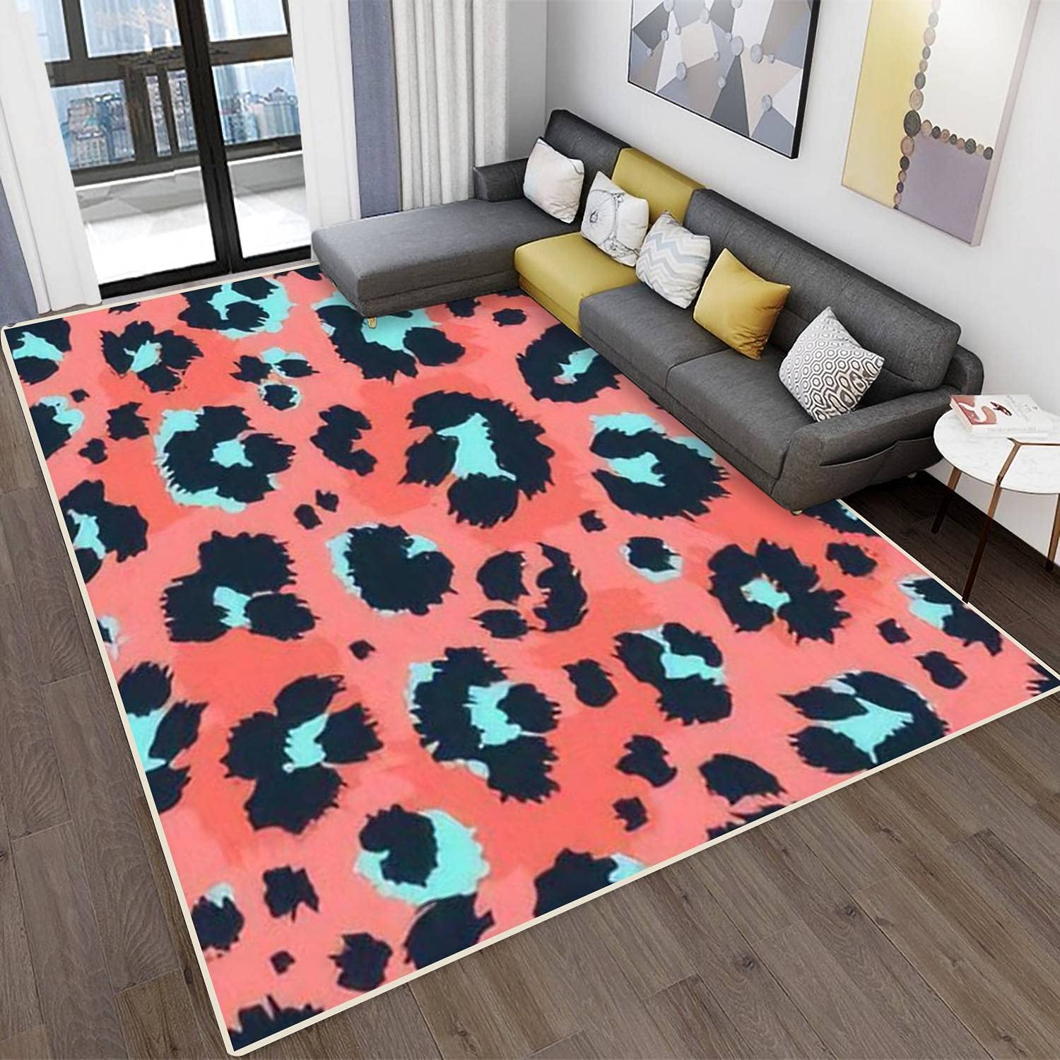 Modern Abstract Leopard Print Area Rugs - Stain Resistant Carpet Mat for Living Room, Bedroom, Kitchen & Bathroom - Funny Drawing Seamless Pattern with Lettering - Rectangular Home Decor for Cozy Spaces