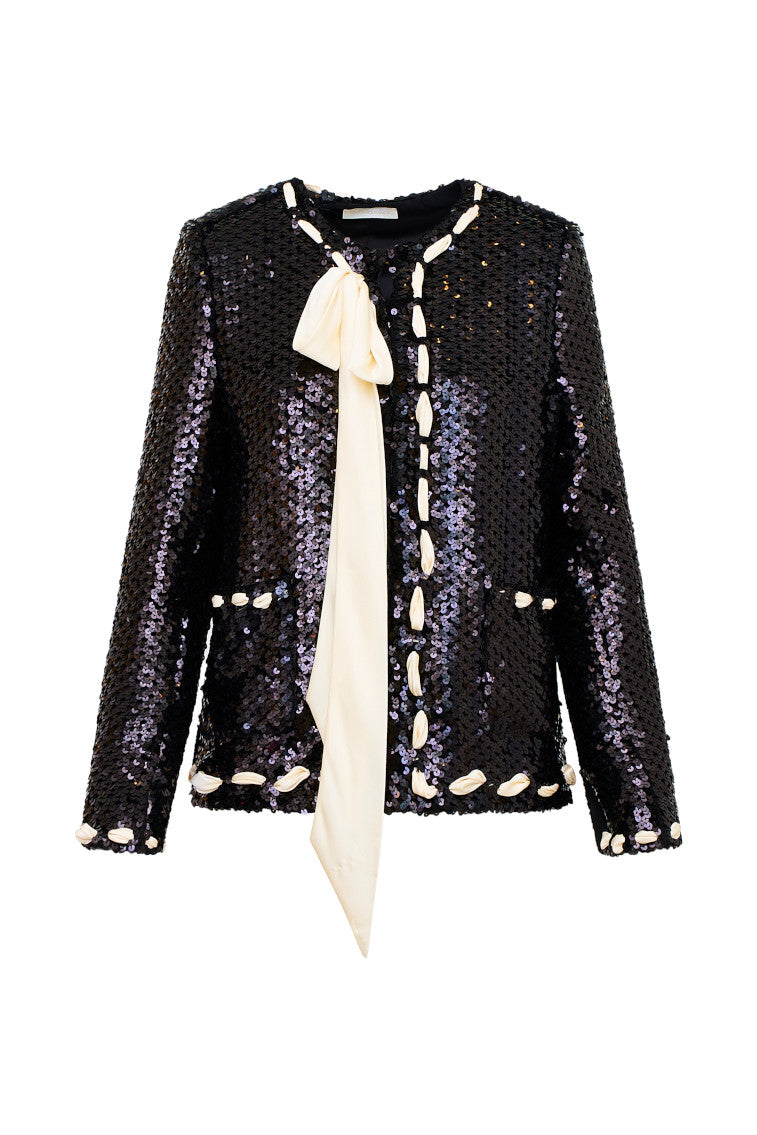 Rosina Sequined Jacket for Women - Elegant Sparkly Blazer with Ribbon Trim for Parties, Weddings & Special Occasions
