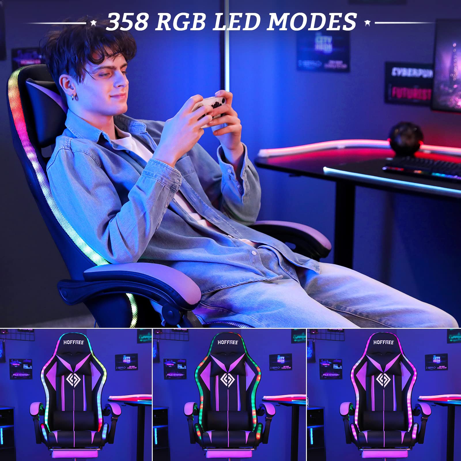 Ergonomic Gaming Chair with Bluetooth Speakers, LED RGB Lights & Massage - High Back Computer Chair with Adjustable Footrest & Lumbar Support (Purple/Black) - Perfect for PC Gaming, Streaming & Home Office Setup