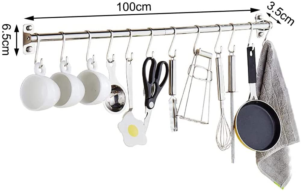 Stainless Steel Wall Mounted Pot and Pan Organizer Rack - 18 Hooks, 100cm Kitchen Utensil Hanger for Pots, Pans & Lids - Space Saving Storage Solution for Small Kitchens, RVs & Camping