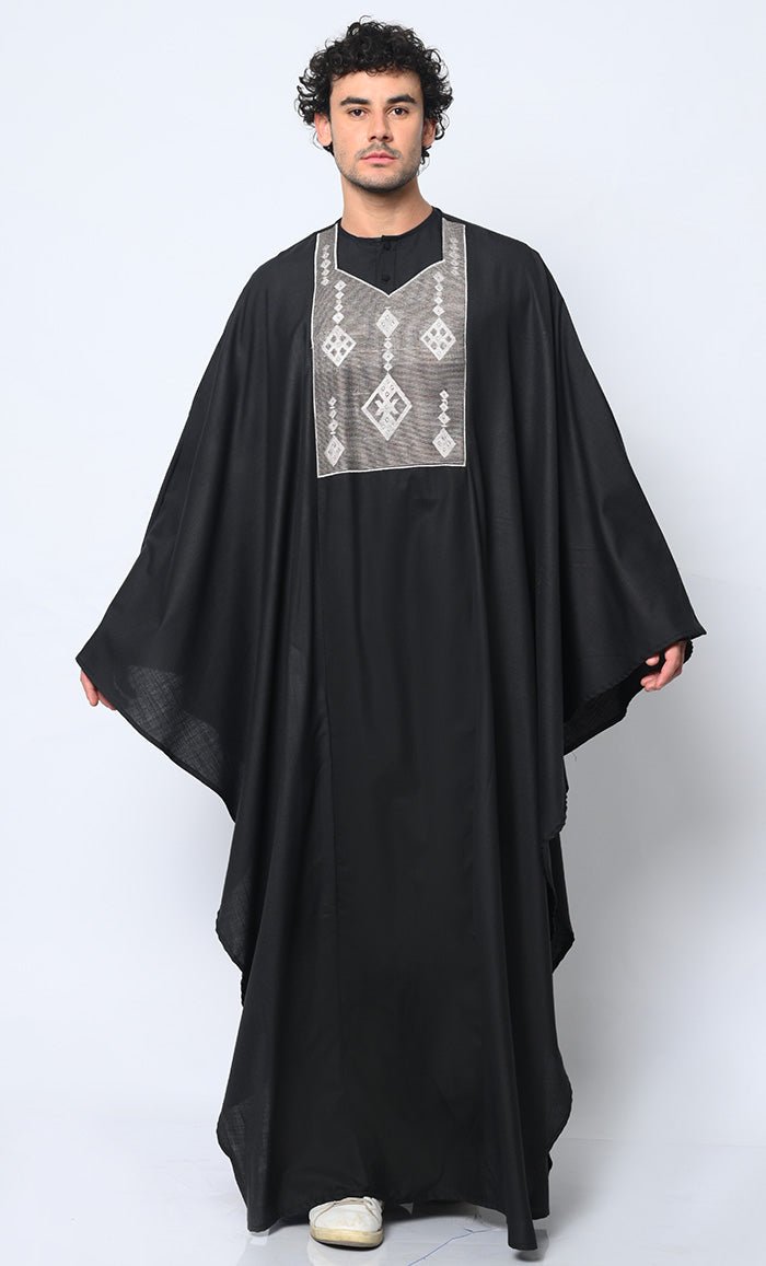 Premium 2-Piece Embroidered Black Kaftan Set for Men with Pockets - Elegant Islamic & Arabic Traditional Wear for Eid, Wedding & Special Occasions