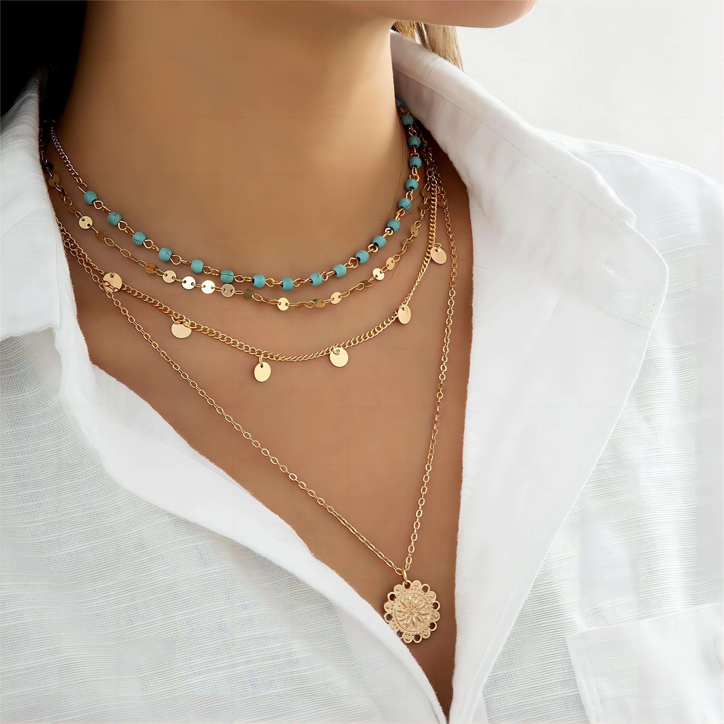 Boho Necklace for Women - Layered Turquoise Y-Shape Long Necklace - Western Style Jewelry for Country Concerts, Beach Outfits & Gift Giving