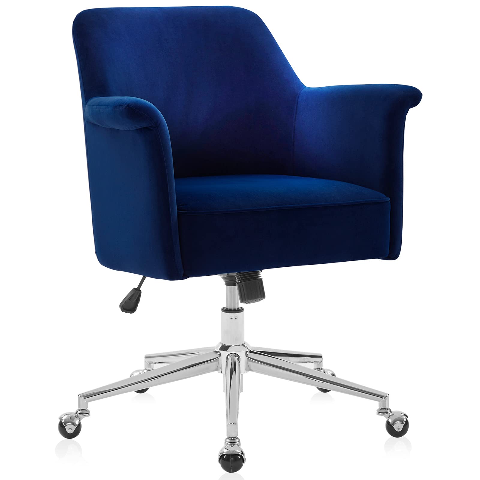 BELLEZE Modern Velvet Office Chair with 360° Swivel & Adjustable Arms - Ergonomic Rolling Desk Chair with Metal Base for Home Office, Study, Bedroom & Vanity - Comfortable Computer Chair for Work & Relaxation (Blue)