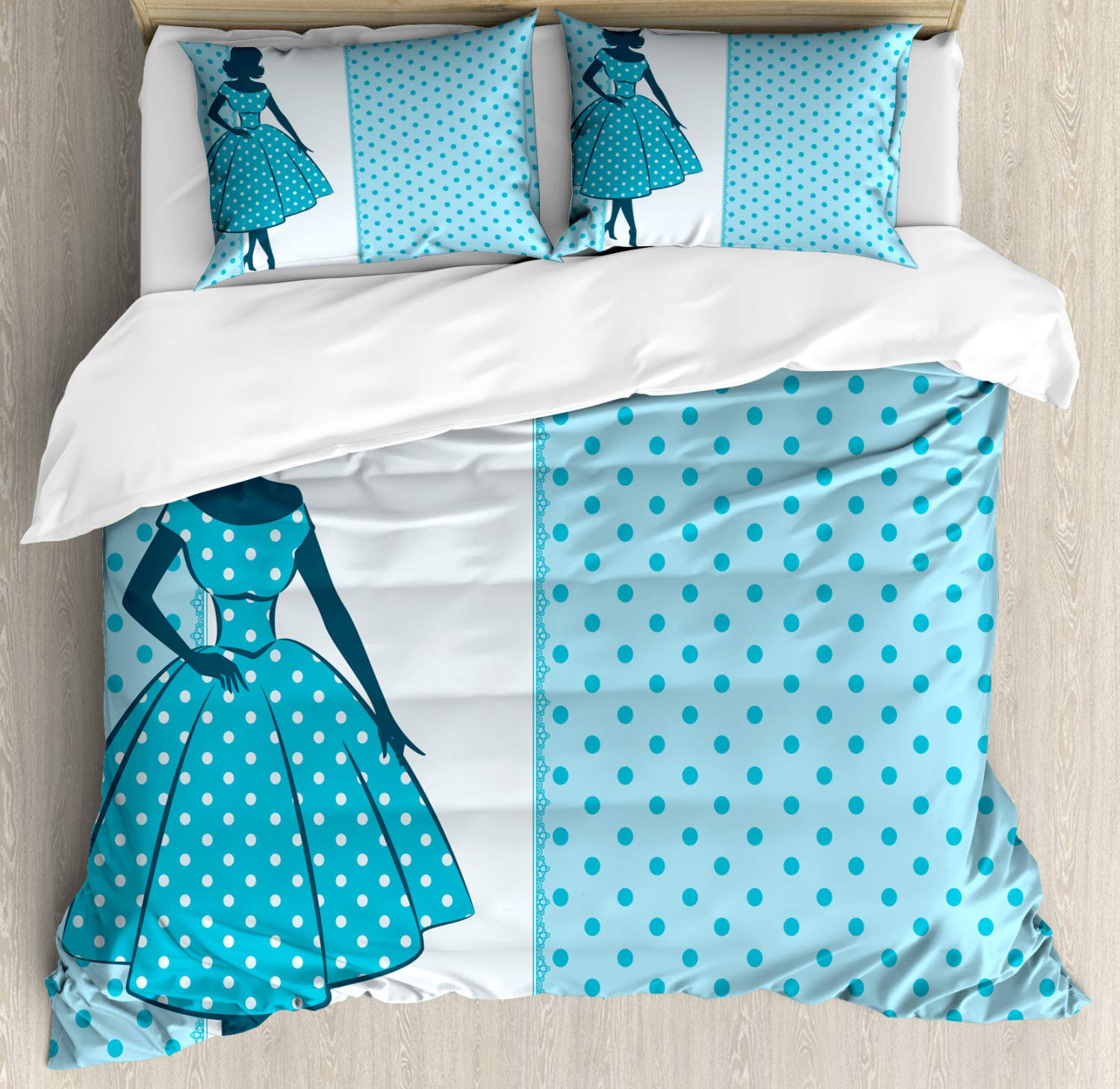 Vintage 1950s Style Polka Dot Dress Duvet Cover Set - 2 Pack Queen Size with 4 Pillowcases, Pale Blue Teal White Retro Bedding - Perfect for Vintage Themed Bedrooms & Mid-Century Modern Home Decor