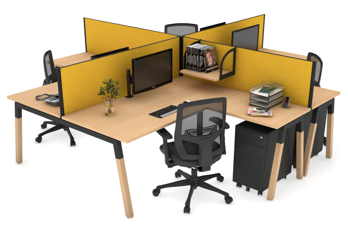 Quadro Wood A Legs Cross Beam 4-Person Corner Workstation Desk - 1600L x 1800W with Cable Management Scallop - Perfect for Office, Home Workspace & Collaborative Environments