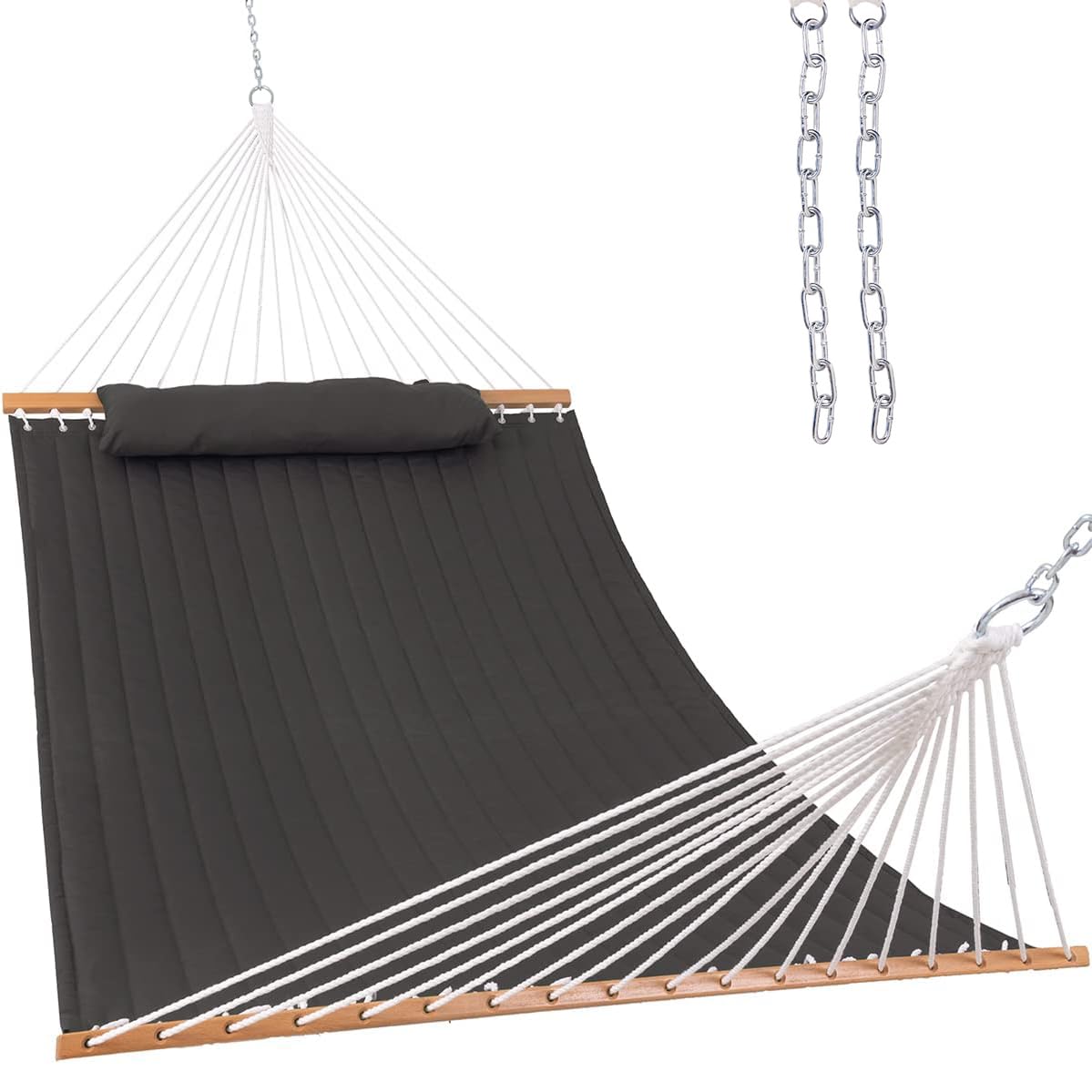 12 FT Quilted Fabric Double Hammock with Spreader Bar & Pillow - 2-Person Outdoor Hammock with Chains, 450 lbs Capacity - Perfect for Patio, Poolside, Backyard, Beach & Camping (Gray)