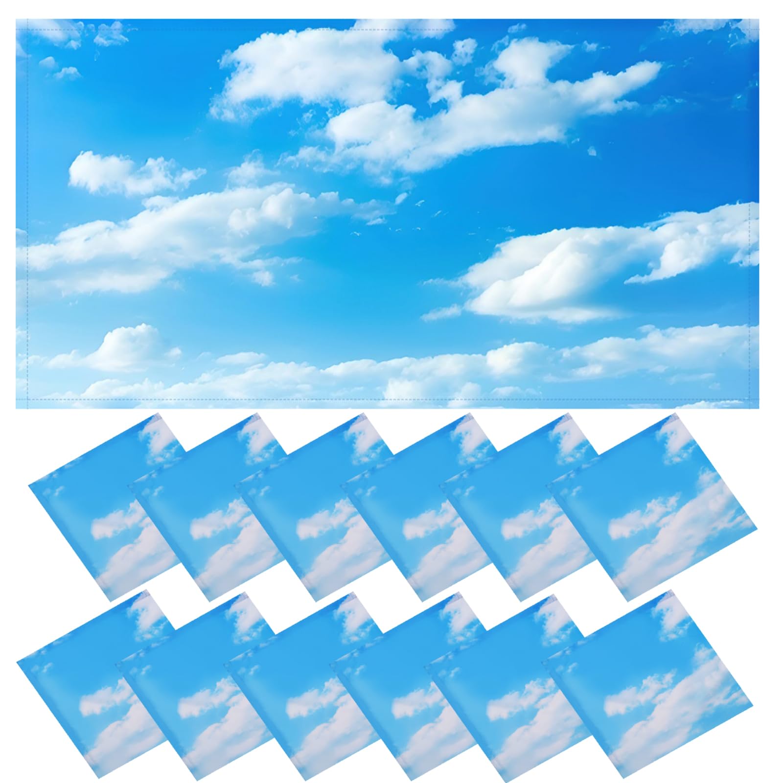 12 Pack Fluorescent Light Covers for Ceiling Lights - Magnetic Light Diffuser Filters for Classrooms, Offices, Hospitals & Homes (4x2 ft, Blue Sky White Clouds Design) - Reduce Glare & Create Calming Atmosphere