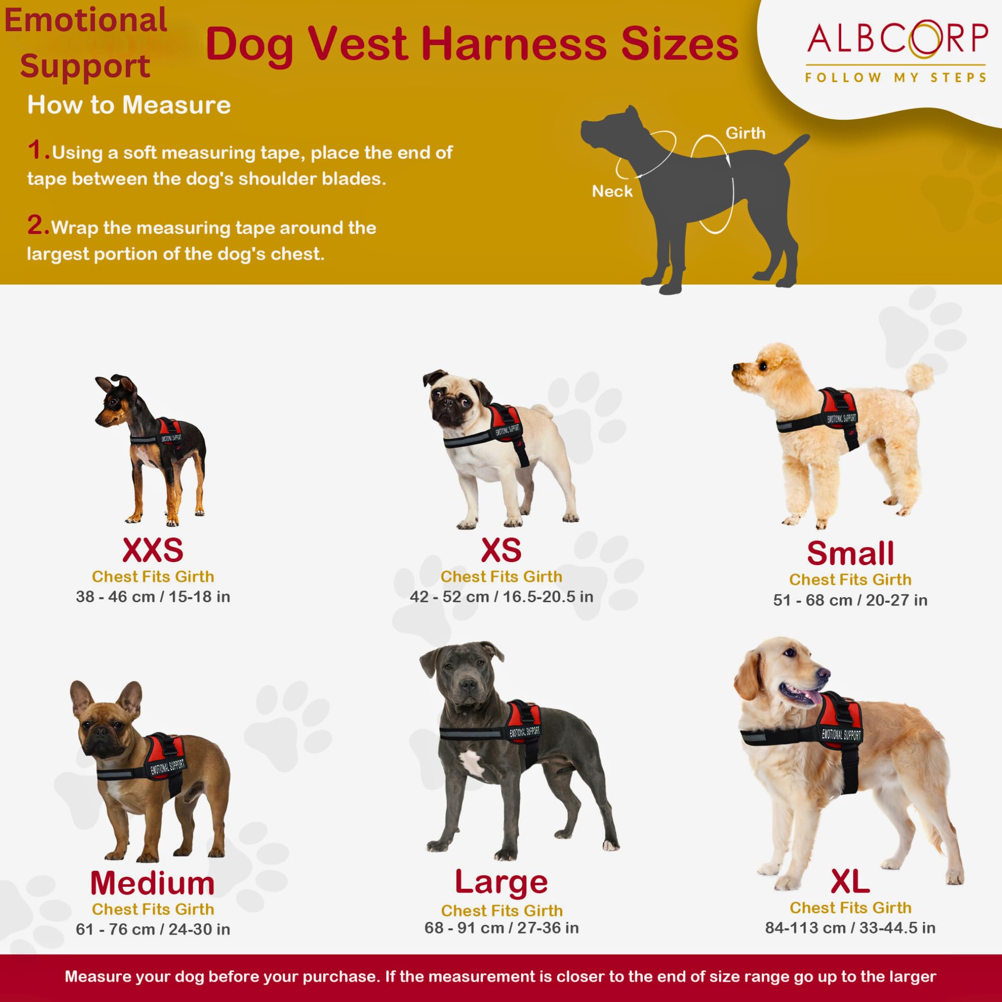 ALBCORP Emotional Support Dog Vest - Reflective Harness for Small Dogs with Comfortable Mesh Padding - XXS to XL Sizes - Includes ESA Patches (Red) - Perfect for Therapy Dogs, Travel & Public Outings
