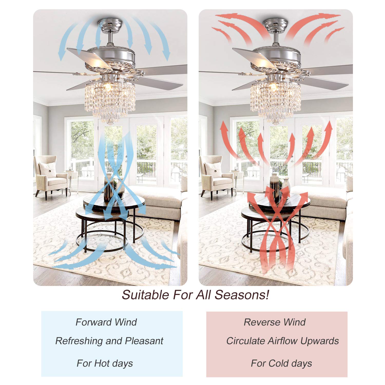 Moooni 52 Inch Modern Crystal Ceiling Fan with Lights and Remote Control - Elegant Chandelier Fan Light Kit (Fandelier) with 5 Wooden Blades - Perfect for Bedroom, Living Room, Dining Room - Silver Finish - Energy Efficient & Quiet Operation