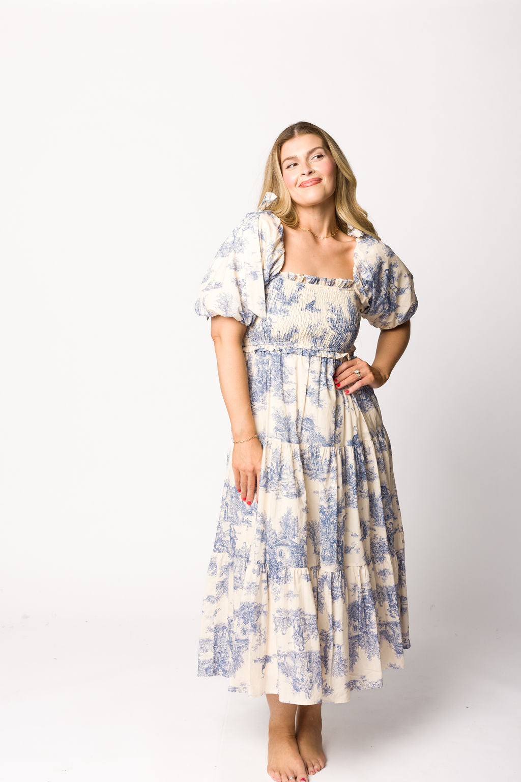 Elena 100% Cotton Toile Print Smocked Midi Dress in Blue - Bump Friendly Maternity Dress for Pregnancy, Nursing & Special Occasions | Perfect for Baby Showers, Brunch Dates & Summer Outings