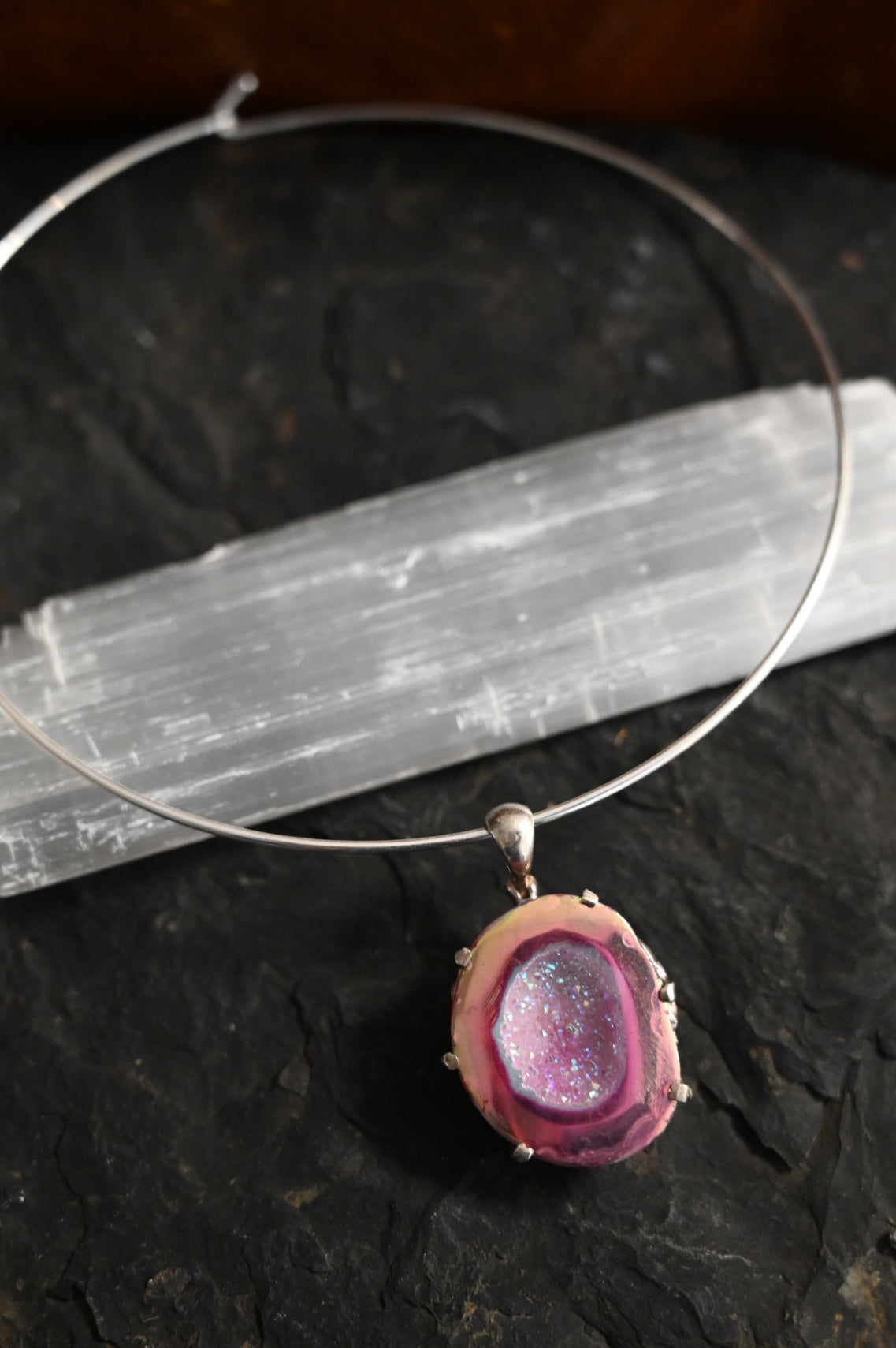 Pink Agate Druzy Silver Necklace with Heart Charm - Elegant Bohemian Jewelry for Women | Perfect for Valentine's Day Gifts, Date Nights & Special Occasions