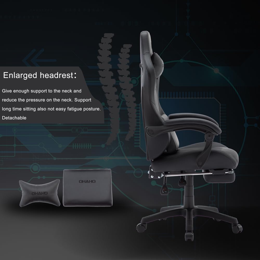 OHAHO Ergonomic Gaming Chair - High Back Office Chair with Adjustable Headrest & Lumbar Support, Leather Computer Desk Chair for Racing Game & Work (Black) - Perfect for Gamers, Home Office & Streaming Setup