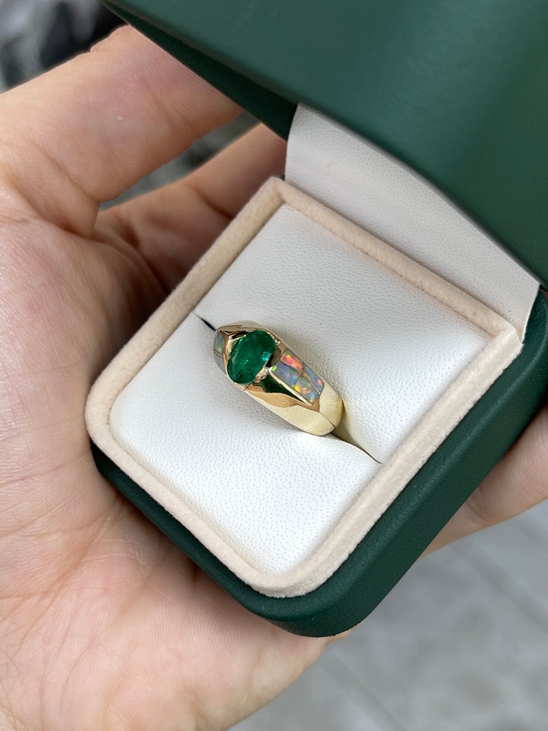 1.05ct 14K Gold Natural Green Oval Emerald & Opal Accent Statement Men's Ring for Wedding, Engagement & Special Occasions - Luxury Jewelry Gift for Him