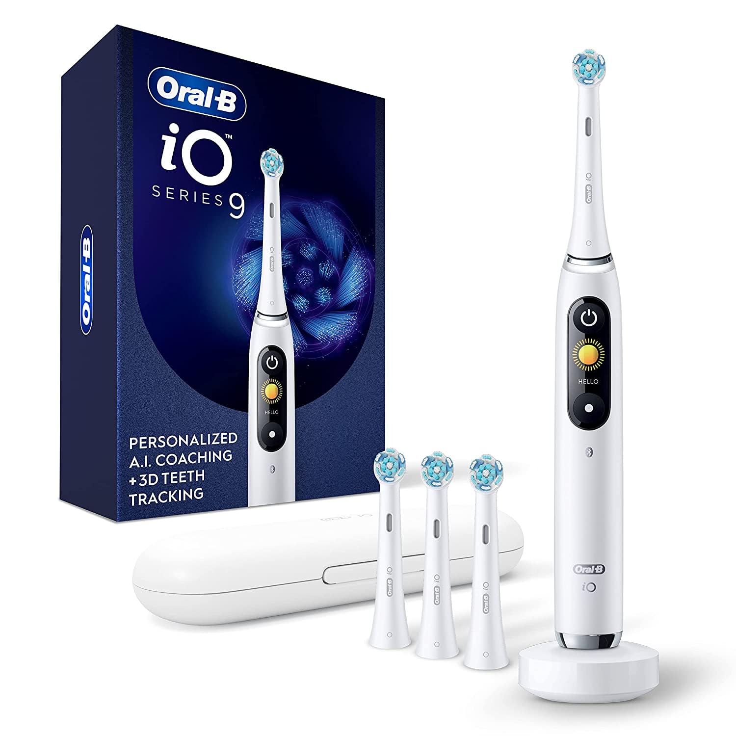 Oral-B iO Series 9 Electric Toothbrush with 3 Replacement Brush Heads, White Alabaster - Advanced Smart Toothbrush for Professional Dental Care at Home