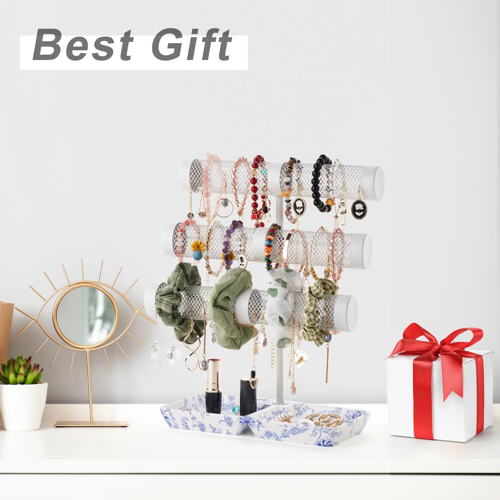 3-Tier Bracelet Holder & Jewelry Organizer Stand - Display Bracelets, Earrings, Necklaces, Watches & Scrunchies - Elegant Porcelain Ring Tray - Perfect Gift for Women (Home Decor, Boutique Display, Jewelry Storage)