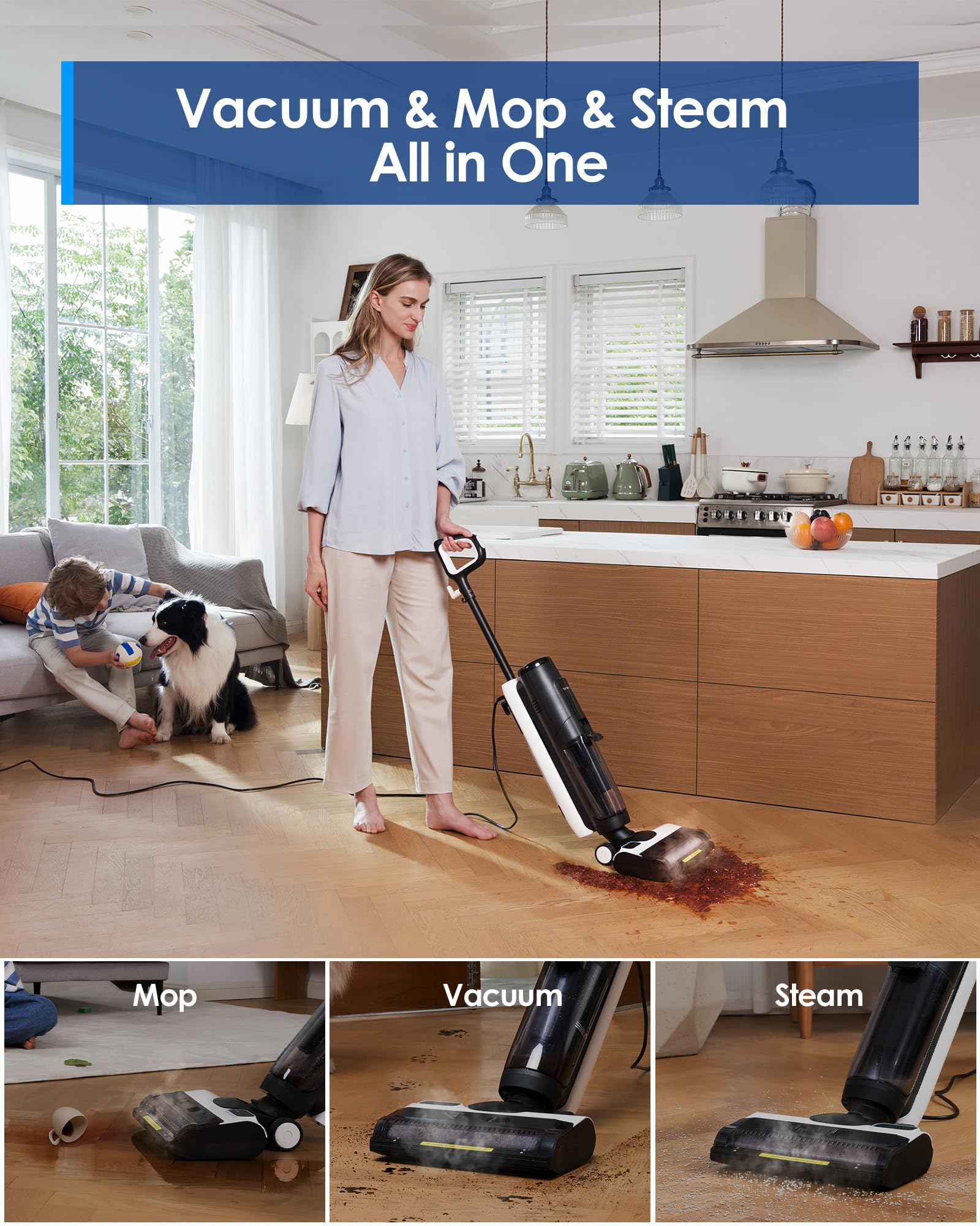 Tineco iFLOOR 5 Steam Corded Wet Dry Vacuum Cleaner - All-in-One Steam Mop for Hardwood Floors, 248℉ High-Temperature Steam, Self-Cleaning System - Perfect for Sticky Messes, Pet Hair, and Deep Cleaning Kitchens & Bathrooms