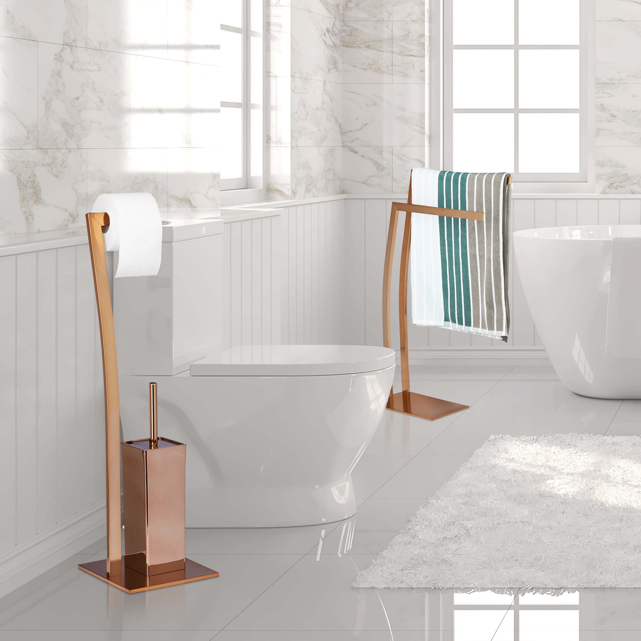Stainless Steel Free-Standing Toilet Brush and Holder Set with Copper Accents - 71 x 20 x 20 cm Bathroom Cleaning Tool for Modern Homes (Ideal for Toilet, Bathroom & Guest Powder Room Maintenance)
