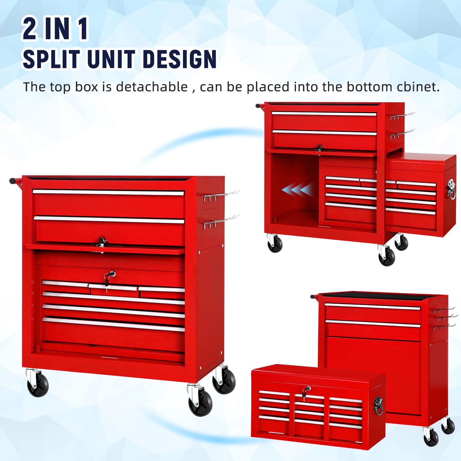 8-Drawer Rolling Tool Chest with Wheels - Heavy Duty Red Metal Tool Cabinet with Lockable Top Box | Perfect for Garage Organization, Warehouse Storage, Auto Repair Shops & Home Workshops