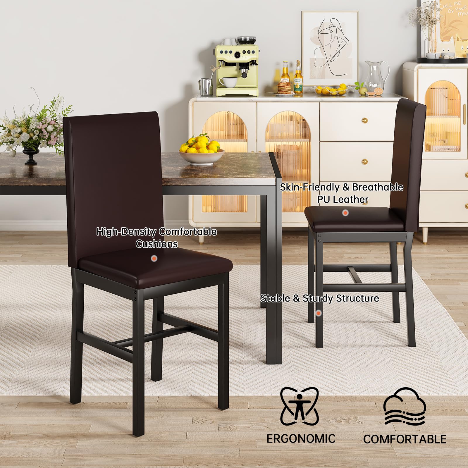 Modern 5-Piece Dining Table Set for 4 with Faux Marble Top & Leather Upholstered Chairs - Compact Brown Kitchen Table Set for Small Spaces | Perfect for Apartments, Breakfast Nooks & Cozy Family Dinners