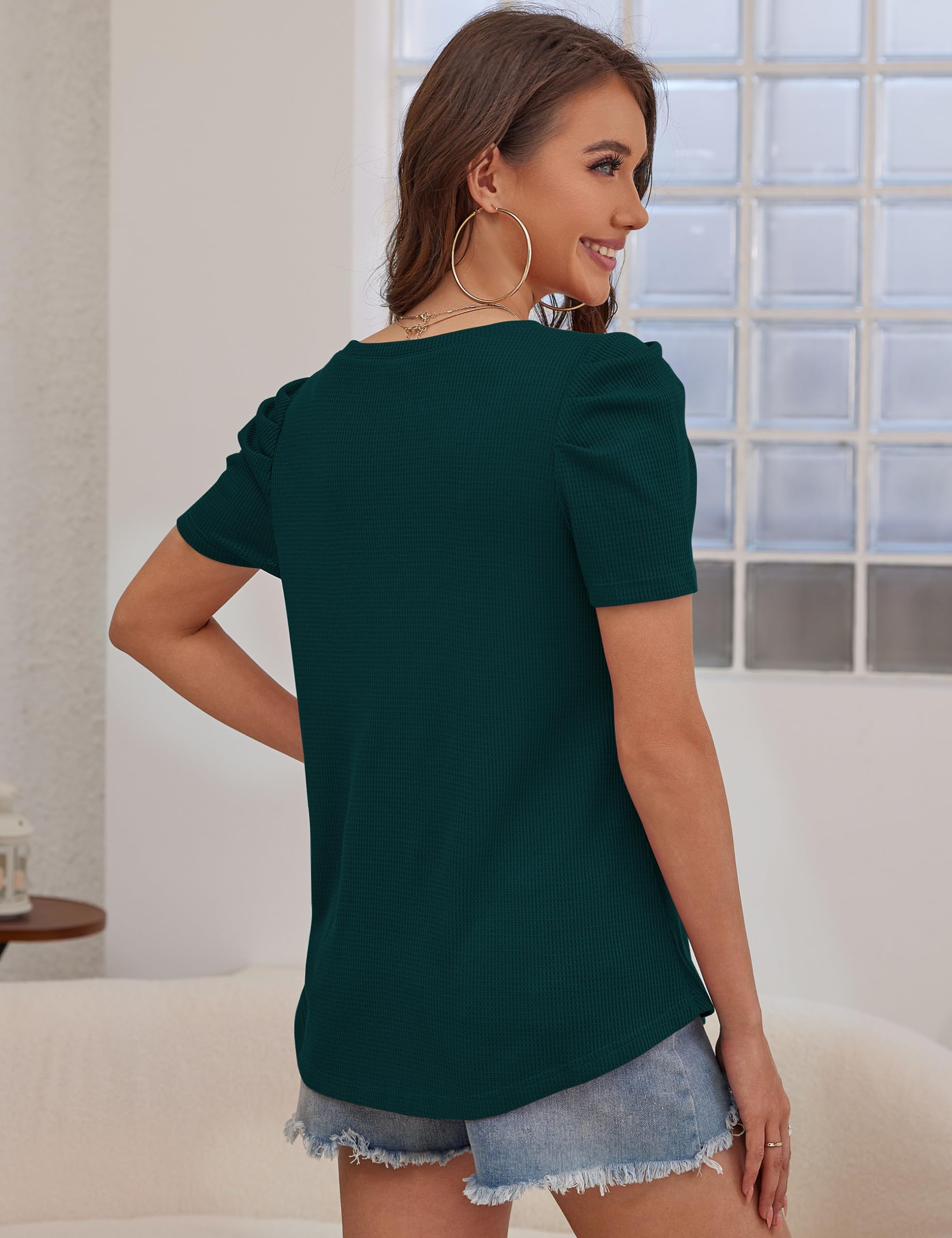 Traleubie Women's Puff Short Sleeve Tunic Top - Casual Waffle V-Neck Shirt for Women (S-XL) | Perfect for Spring/Summer Outfits, Office Wear & Weekend Brunch