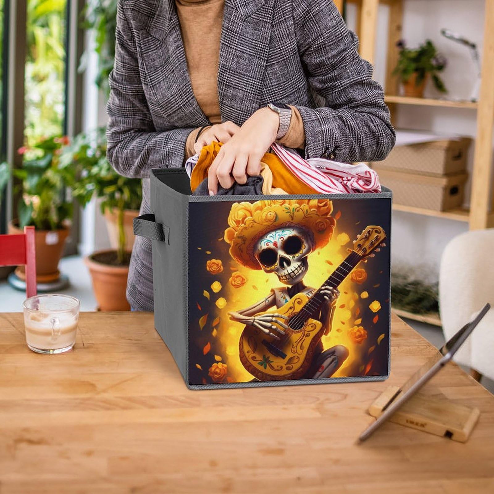 Funny Skull Playing Guitar Yellow Flower Foldable Storage Cube Organizer with Handles - Square Storage Basket for Home, Office & Kids Room Organization (1 Pack) - Perfect for Toys, Books & Clothes Storage