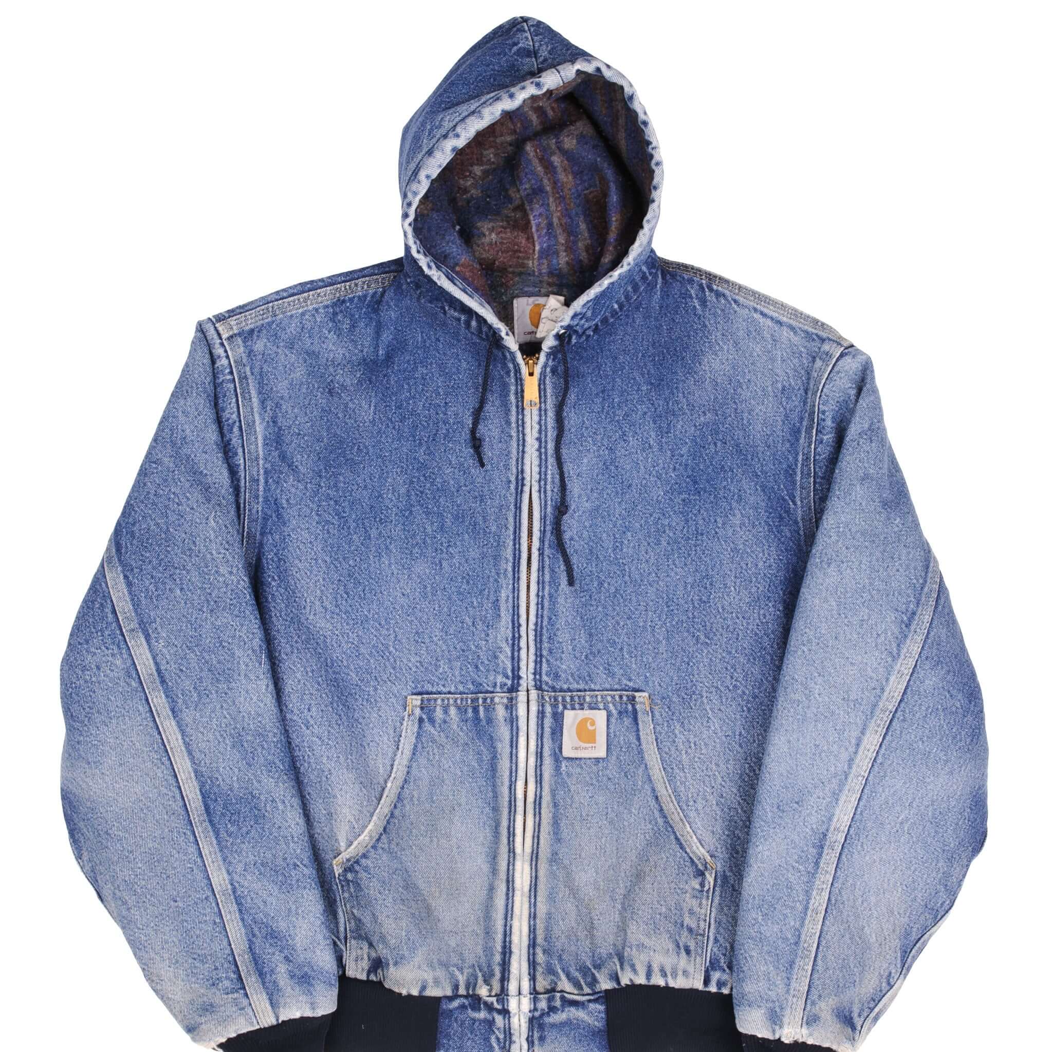 Vintage Carhartt Denim Hooded Active Jacket 1990s - Size XL - Made in USA - Durable Workwear for Outdoor Activities and Casual Wear