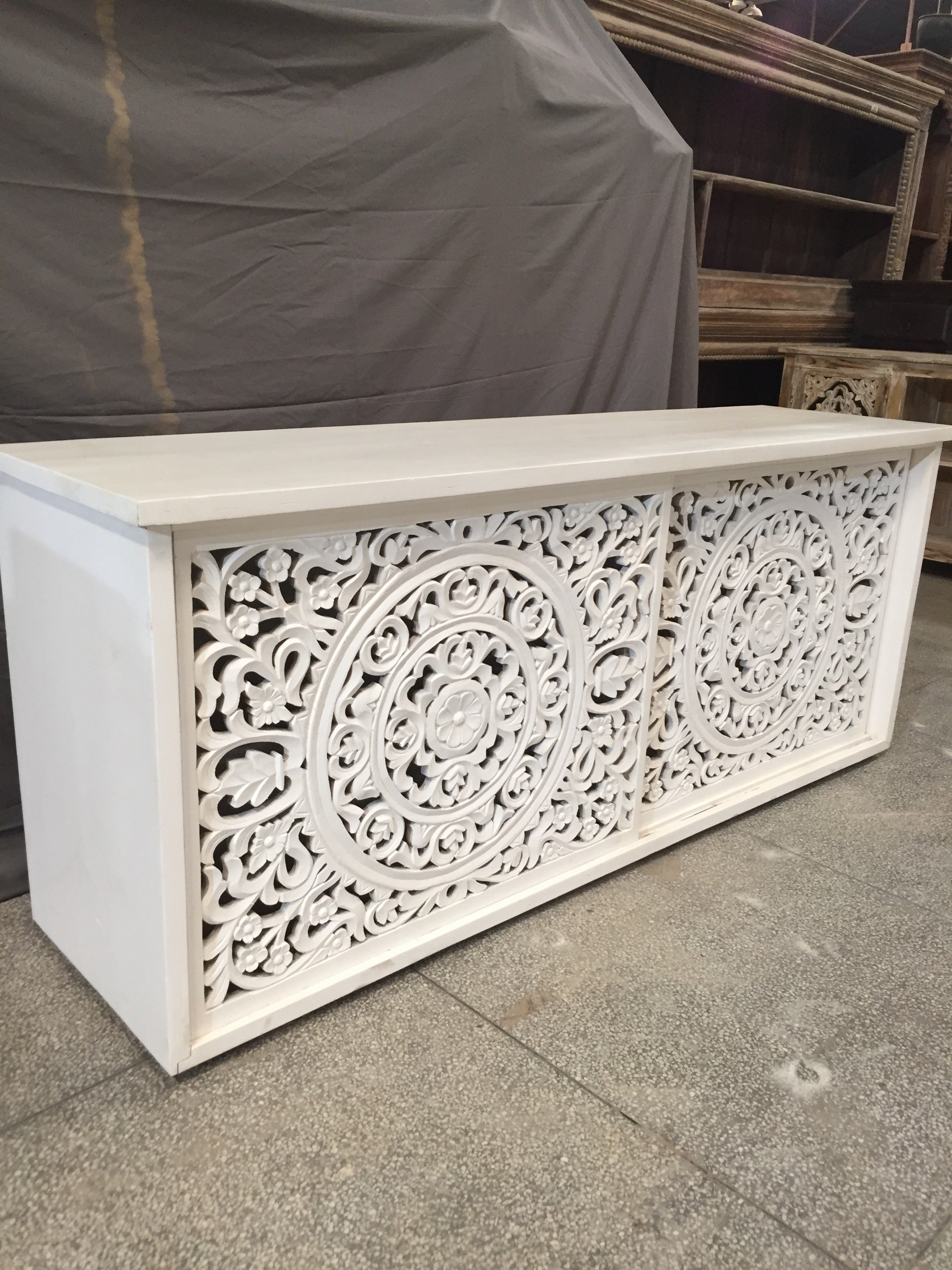 Hand Carved Indian Solid Wood Sideboard with Intricate Carved Doors - White - Perfect for Dining Room, Living Room, or Entryway Storage