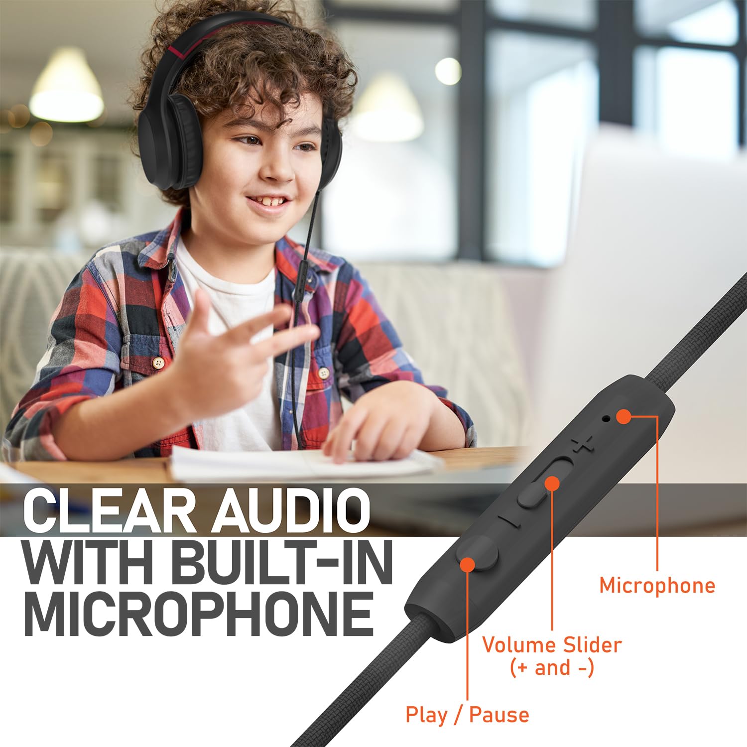 FosPower Kids Headphones with 3.5mm Jack - Volume Limited 85dB Safe Headphones for Children & Teens - Over Ear Foldable Adjustable Headset with Built-in Mic - Compatible with Smartphones, PC, Tablet, Laptop - Ideal for School, Online Classes & Travel - Black/Red