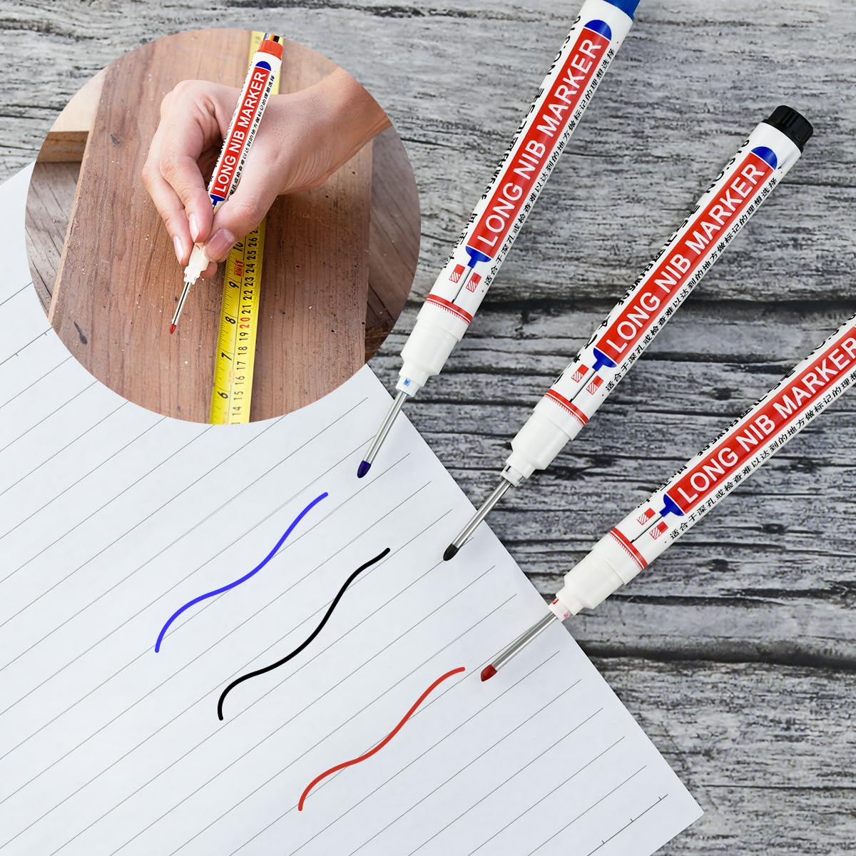 Yuntop 15-Piece Long Nose Marker Set - Multi-Purpose Waterproof Deep Hole Markers for Carpentry, Construction & Woodworking (Red, Black, Blue) - Ideal for Hardware Marking, DIY Projects & Home Decoration