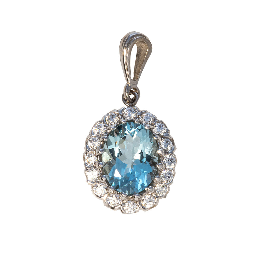 14K White Gold Oval Aquamarine & Diamond Cluster Pendant Necklace - Elegant Jewelry for Women, Perfect for Weddings, Anniversaries & Special Occasions