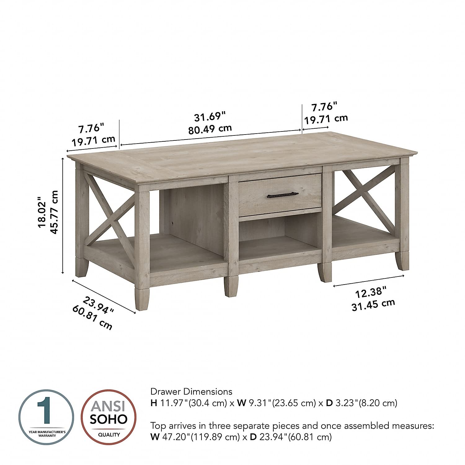 Bush Furniture Key West Coffee Table with Storage & End Table Set, Washed Gray - Modern Living Room Furniture with Hidden Storage for Home Decor