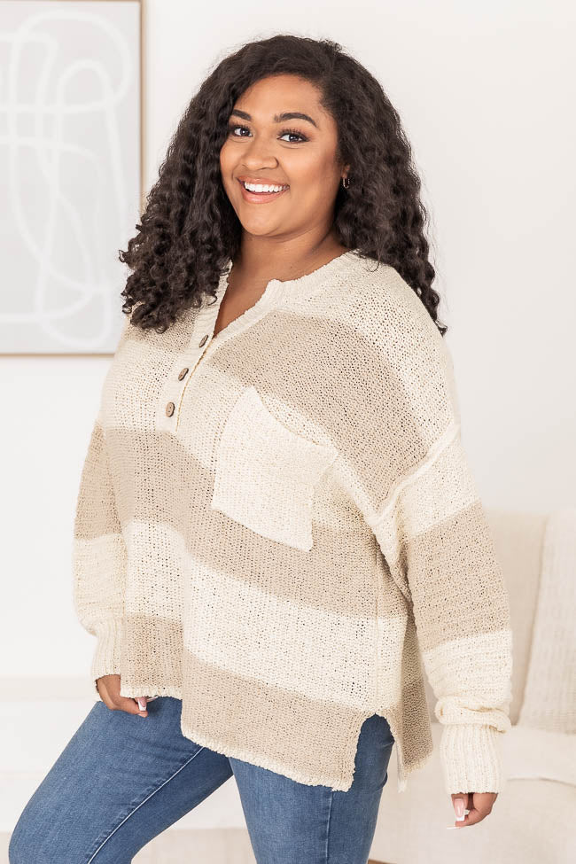 Best Beige Oversized Striped Henley Sweater for Women | Soft & Cozy Pullover | Casual Fall & Winter Fashion | Perfect for Layering, Coffee Dates & Weekend Outings