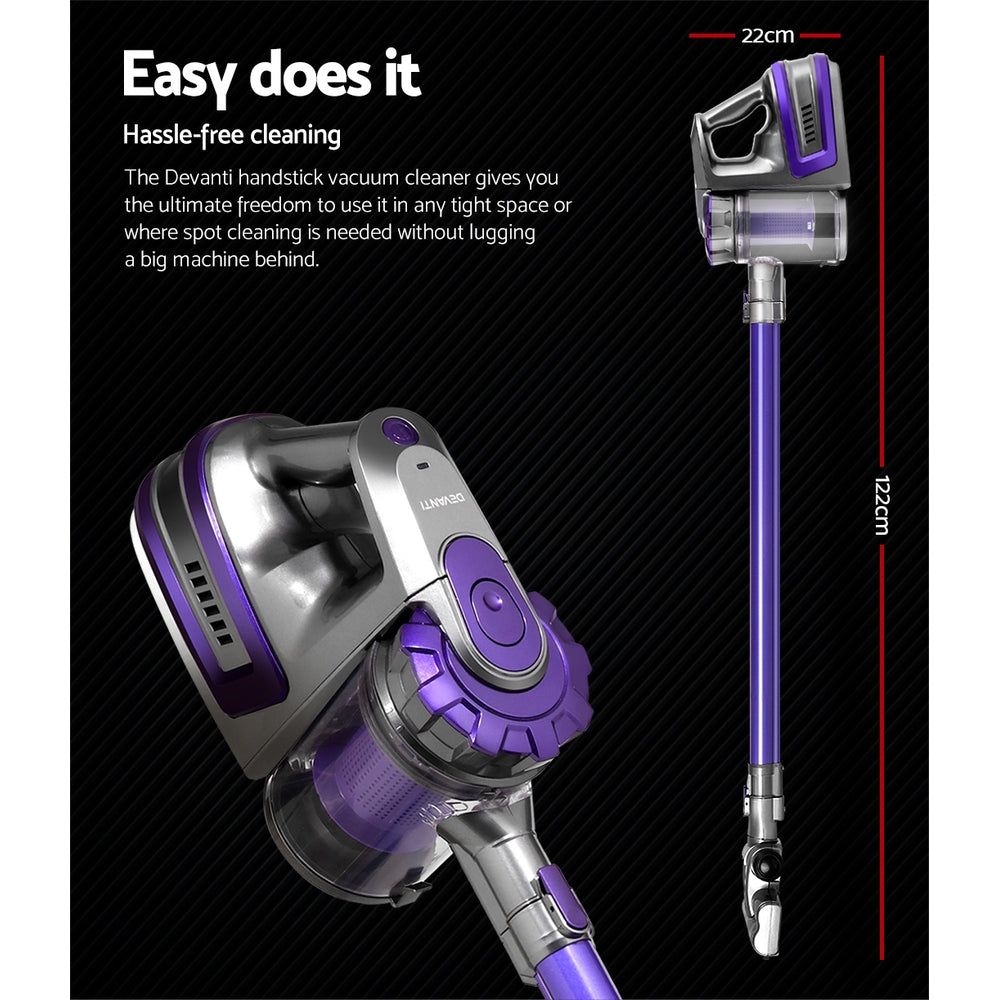 Devanti 150 Cordless Handheld Stick Vacuum Cleaner - 2 Speed Settings, Lightweight & Powerful, Purple & Grey - Perfect for Hard Floors, Carpets, Pet Hair, and Quick Cleanups