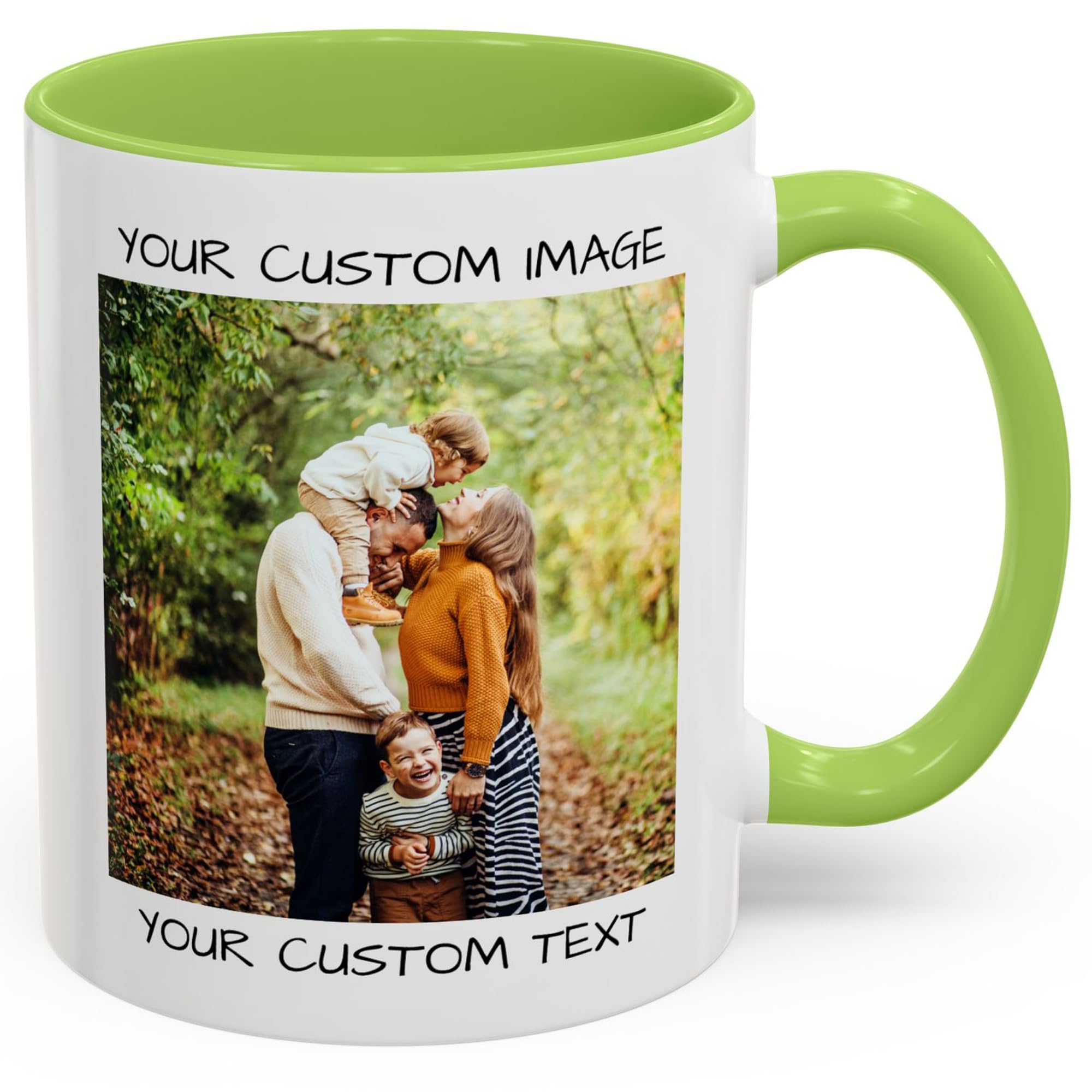 Personalized Ceramic Coffee Mug - Custom Photo, Text, or Logo | 11oz Tea Cup for Men, Women, Mom, Dad | Unique Gift for Birthday, Anniversary, Christmas | Perfect for Home, Office, or Gifting - White/Green