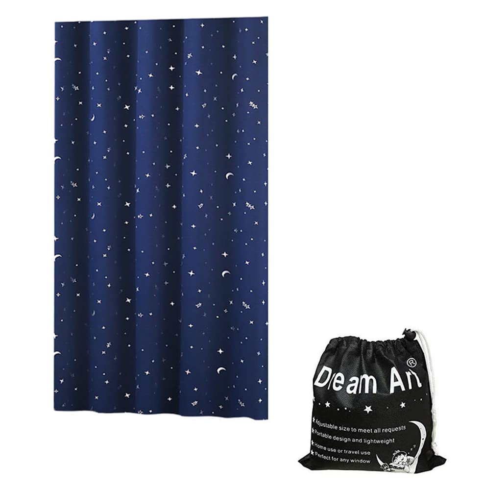 Portable Blackout Curtain with Suction Cups - Adjustable Window Shades for Bedroom, Nursery & Travel | Silver Moon & Star Foil Print Blue Design (51x71 Inches) | Perfect for Light Blocking, Privacy & Better Sleep at Home or On-the-Go
