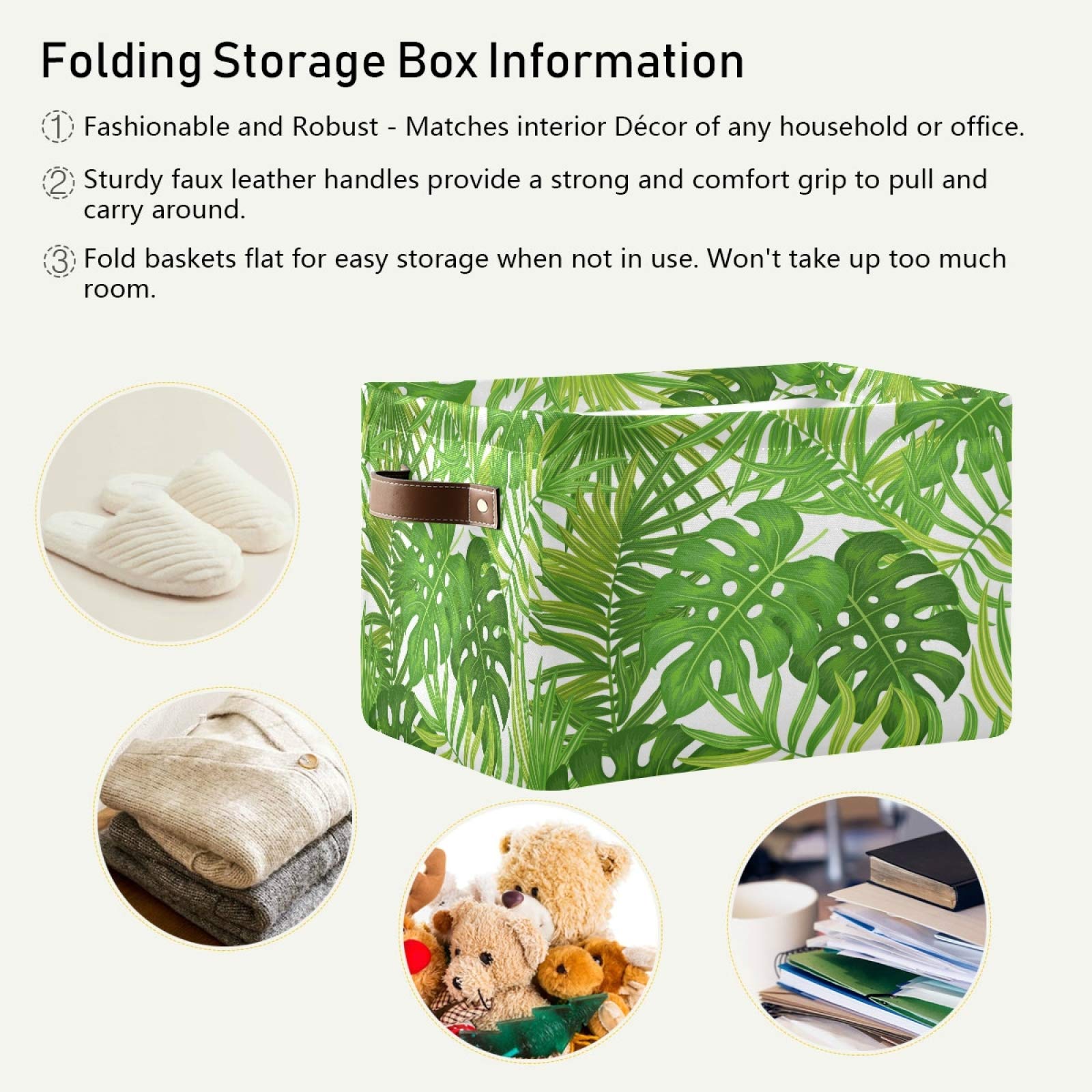 AUUXVA Collapsible Storage Basket with Handles - Tropical Palm Tree & Monstera Leaf Pattern Canvas Organizer Bin for Toys, Clothes & Home Decor | Perfect for Bedroom, Closet, Shelf & Office Organization