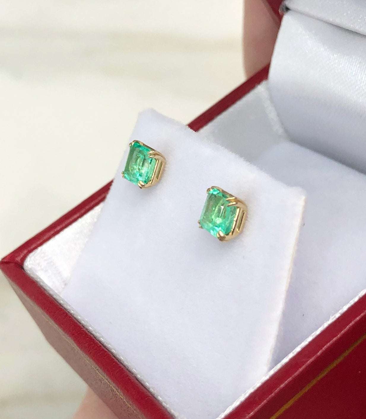1.0tcw Double Claw Prong Square Cut Emerald Stud Earrings in 14K Gold - Perfect for Weddings, Parties & Everyday Elegance